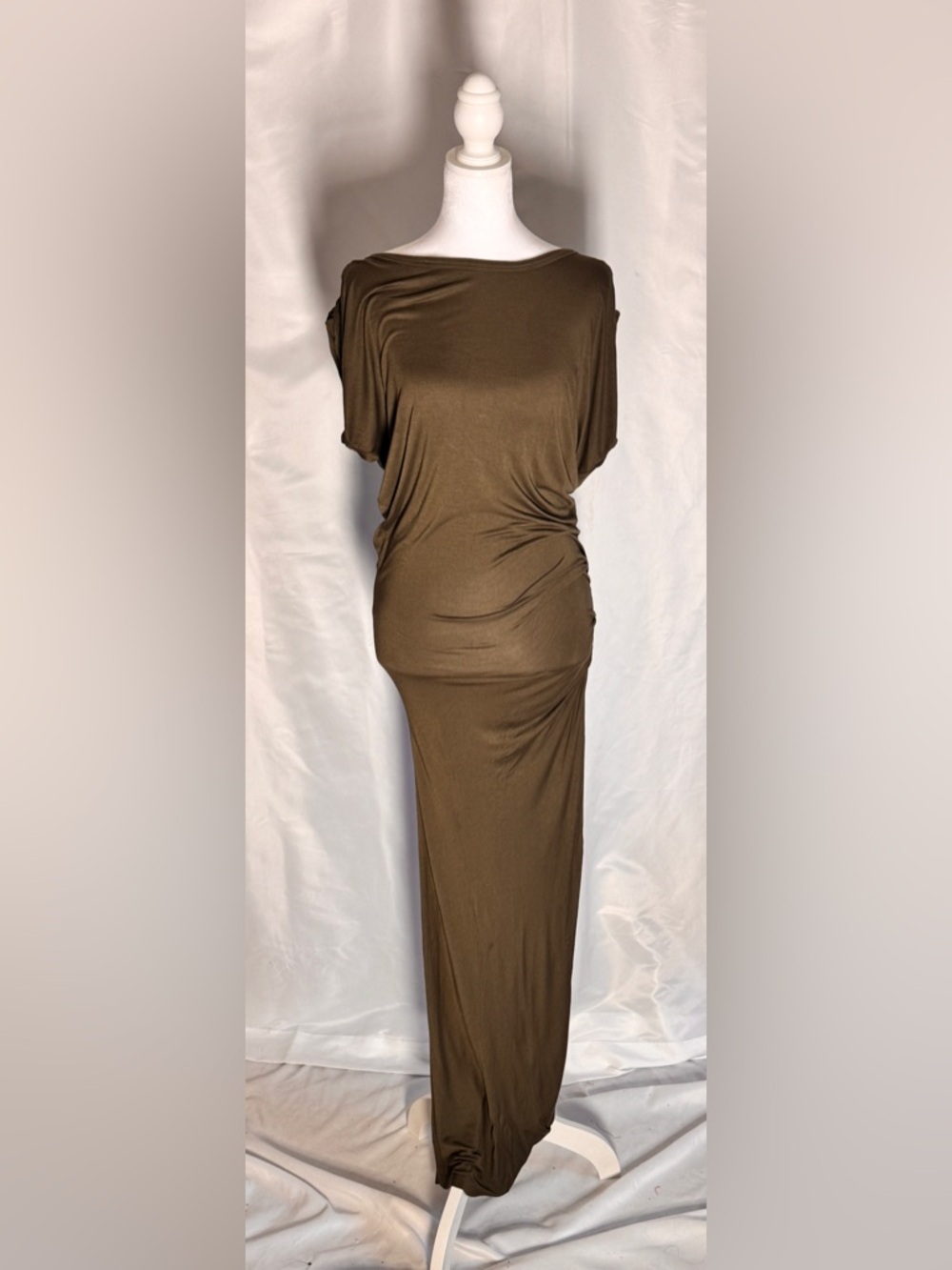 Ruched Olive Maxi Dress with Draped Silhouette